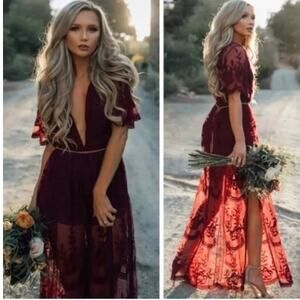 Eleter Burgundy Lace Maxi Dress  XL Embroidery Floral Pattern Sheer